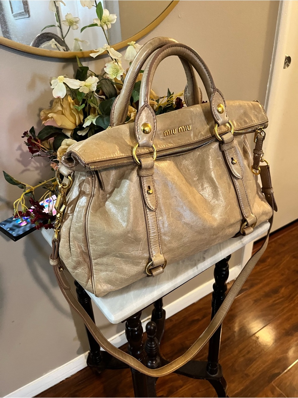 Miu Miu Metallic Beige Leather Satchel with Gold Hardware - Picture 2 of 11
